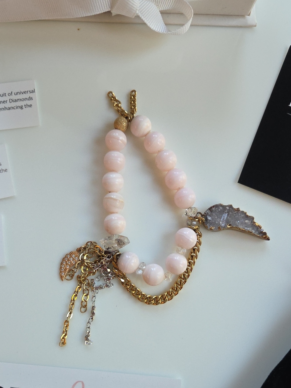 Love Thirteen By Heather Wells Pink Calcite Bracelet with Druzy Wing Pendant